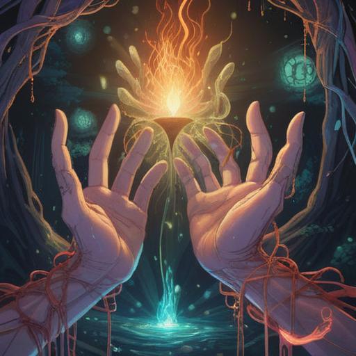 A serene and mystical illustration depicting hands with gentle vibrations, ethereal light surrounding the fingers, interconnected energy flows, spiritual symbols softly glowing, a tranquil aura embodying transformation, harmony between body and spirit, 4k
