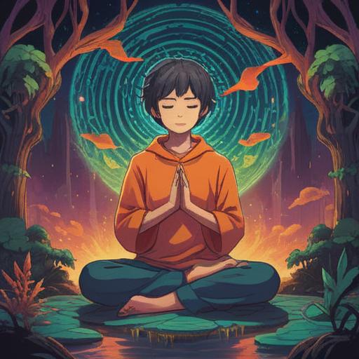 A serene illustration depicting a person meditating with their hands relaxed, subtle energy waves emanating from the fingers, a bright aura surrounding them, soft colors blending harmoniously, hints of nature in the background, ethereal light filtering through trees, peaceful atmosphere, spiritual symbolism, 4k