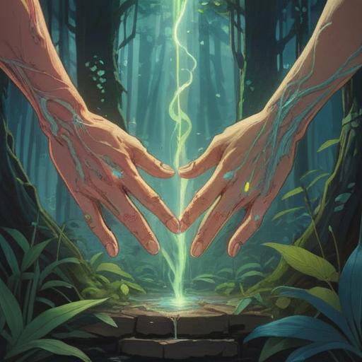 A serene and introspective scene depicting hands with atopic dermatitis, ethereal light illuminating the skin, symbols of healing and spirituality around, nature-inspired elements like leaves and flowers, subtle aura surrounding the hands, soft and calming color palette, gentle textures, conveying a sense of peace and connection to the soul, 4k