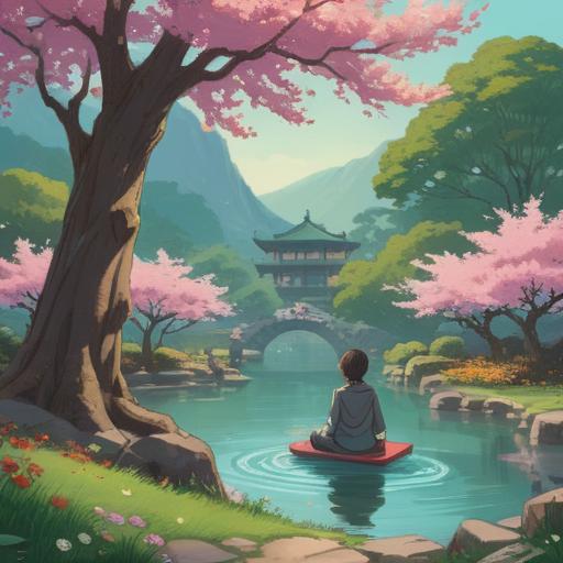 A serene landscape depicting a tranquil garden, lush greenery, gentle flowing water, a peaceful person meditating under a blooming cherry blossom tree, soft sunlight filtering through leaves, sense of inner peace and harmony, self-care practices, vibrant colors, inviting atmosphere