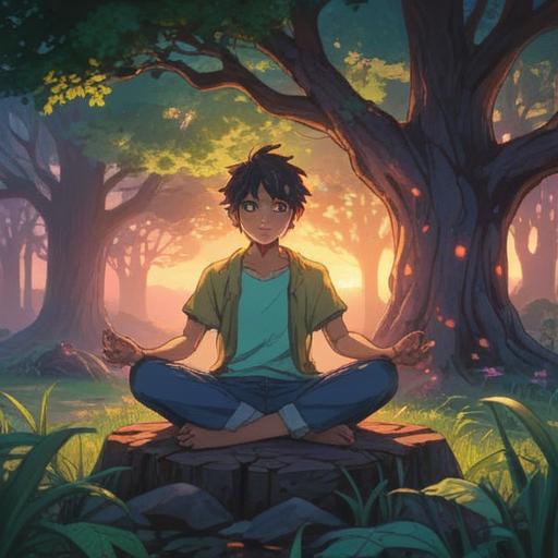 A serene and mystical landscape, depicting a person meditating under a tree, glowing aura surrounding their hands, gentle light illuminating the scene, symbolic imagery representing spiritual awakening, harmonious colors, ethereal atmosphere, connection between body and spirit, 4k