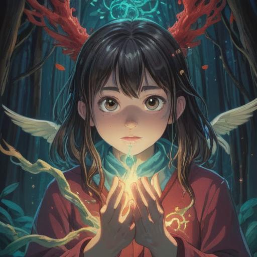 A serene and calming illustration depicting a person experiencing tingling in their hands, surrounded by ethereal light, symbolic representations of spirituality like auras or chakras, a gentle forest setting with soft, diffused sunlight filtering through the trees, harmonious colors, peaceful atmosphere, emphasis on self-reflection and awareness, 4k