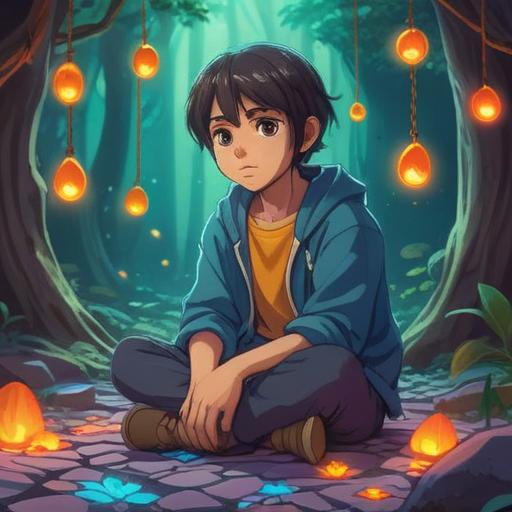 A serene illustration depicting a person with a gentle expression, sitting cross-legged in a peaceful setting, surrounded by glowing lucky stones, a hand tingling with energy, soft sunlight filtering through leaves, tranquil atmosphere, vibrant colors, detailed textures, 4k