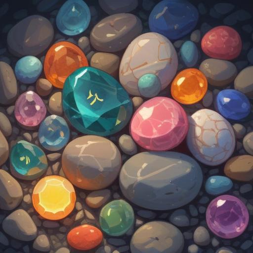 A serene and calming illustration, depicting various lucky stones arranged harmoniously, soft light illuminating the stones, each stone labeled with its unique properties, tranquil setting with gentle natural elements like flowing water and greenery, evoking a sense of peace and balance, 4k