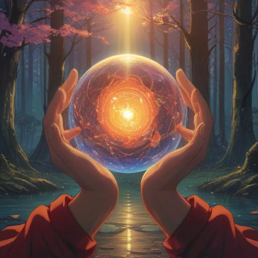 A soothing, ethereal scene, a pair of hands gently cradling a glowing orb, warm light radiating from the fingertips, symbolism of spiritual connection and warmth, serene expressions on the faces of surrounding figures, soft pastel colors, harmonious atmosphere, nature elements like flowing water and soft clouds, 4k