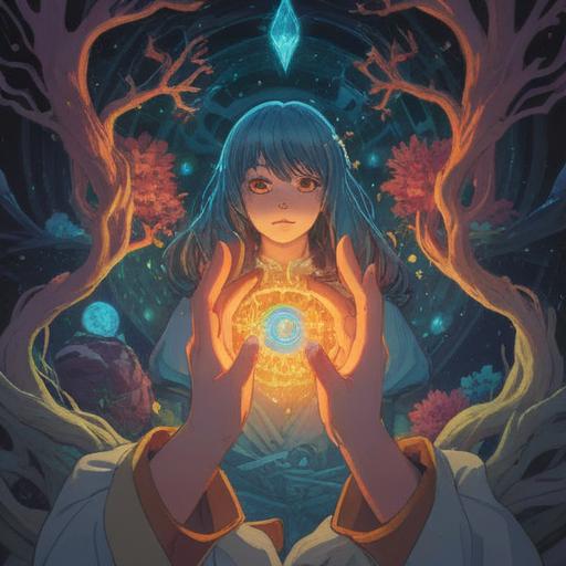 A serene and calming illustration, warm hands gently glowing with a soft light, spiritual symbols surrounding the hands, an ethereal aura, peaceful nature background with gentle sunlight filtering through the trees, a sense of harmony and positivity, intricate details, uplifting ambiance, 4k