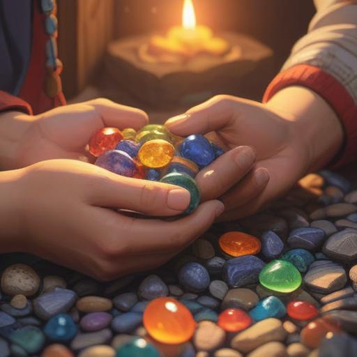 A serene and calming scene depicting a collection of warm, glowing lucky stones held gently in a person's hands, soft warm light illuminating the stones, a cozy atmosphere, gentle reflections on the surface of the stones, hints of nature in the background such as lush greenery and soft sunlight filtering through leaves, conveying a sense of tranquility and comfort, 4k