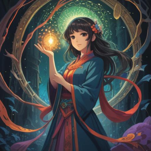 A tall woman with large hands, gracefully demonstrating spiritual significance, surrounded by an ethereal glow, intricate patterns of light emanating from her palms, a serene expression, nature elements intertwining in the background, symbolizing connection and energy, vibrant colors, mystical atmosphere, harmonious and uplifting scene, 4k