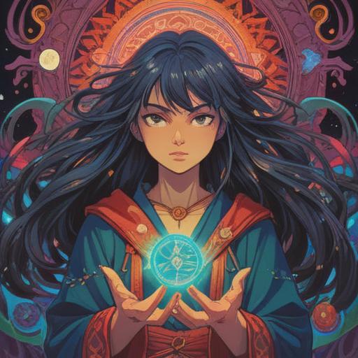 A spiritual woman with large hands, depicting positive energy and good signs, surrounded by a vibrant aura, intricate patterns symbolizing spirituality, serene facial expression, nature elements like flowers and trees, calming colors, ethereal setting, 4k