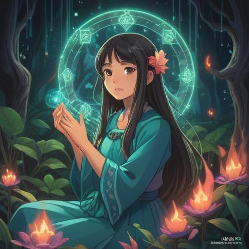 A thoughtful illustration featuring a woman with large hands, surrounded by glowing spiritual symbols, serene expression, ethereal background with soft light, nature elements like flowers and trees, emphasizing connection with the universe, calming color palette, intricate details, conveying mindfulness and awareness, 4k