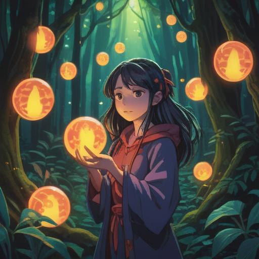 A small-handed woman in a serene forest, surrounded by glowing orbs of light, mystical symbols floating around her, an aura of tranquility and wisdom, gentle facial expression, delicate posture, nature-inspired background, ethereal vibe, 4k