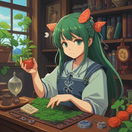 A charming illustration of a petite woman with small hands, surrounded by various lucky items such as a four-leaf clover, a lucky cat, a horseshoe, and a small charm bracelet, soft lighting, serene expression, gentle color palette, whimsical atmosphere, showcasing the theme of luck and personal accessories, 4k