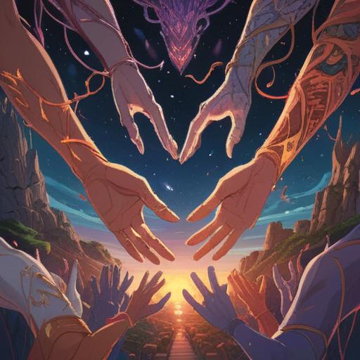 A spiritual representation of the emotion of loving hands, intertwined fingers symbolizing connection, soft glowing light illuminating the scene, warm colors evoking comfort, hands reaching out to one another, a serene background of nature or abstract forms, conveying harmony and empathy, emotional depth through hand gestures, 4k