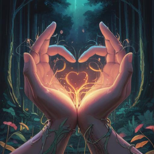A serene depiction of hands forming a heart shape, soft glowing light surrounding the hands, ethereal atmosphere, symbols of peace and love emerging from the fingertips, harmony and balance represented, gentle color palette, uplifting and positive energy, spiritual symbols in the background, high-resolution