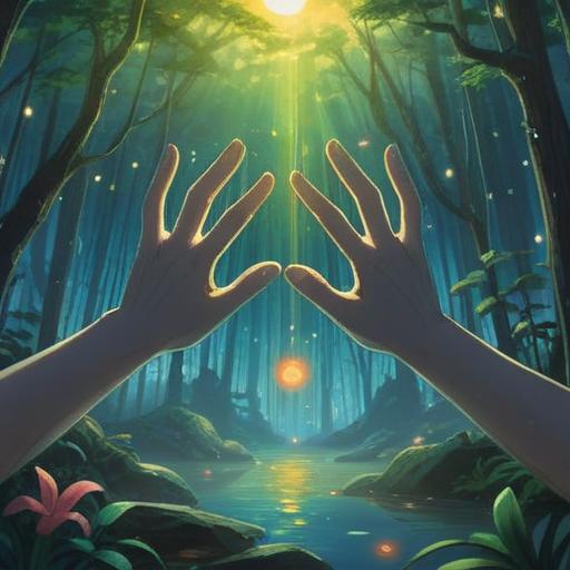 A serene and mystical scene depicting hands reaching towards a glowing light, ethereal symbols floating around, a tranquil nature backdrop with soft sunlight filtering through trees, spiritual connections, vibrant energy, serene atmosphere, 4k