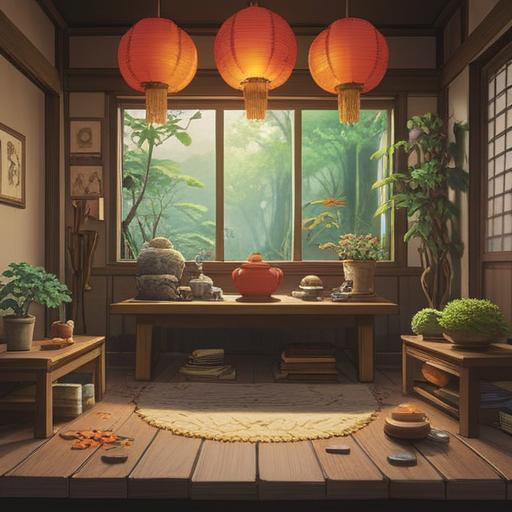 A serene illustration of a peaceful room filled with lucky items for calming the mind, a small zen garden on a wooden table, incense burning softly, sunlight filtering through a window, plants in the background, a calming atmosphere, vibrant lucky charms displayed, harmonious color palette, 4k