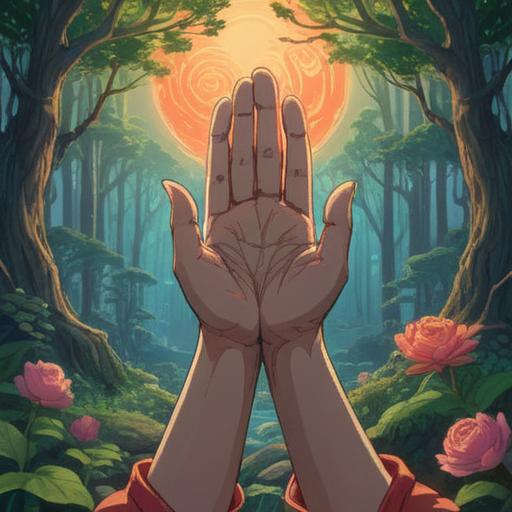 A serene illustration depicting warm hands symbolizing spiritual well-being, gentle light illuminating the fingertips, lush nature surrounding the scene, soft ethereal glow, harmonious energy radiating from the hands, vibrant colors reflecting positivity, peaceful atmosphere, 4k