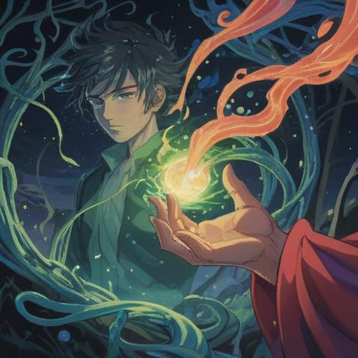 A beautifully detailed illustration of a person with elegant hands, showcasing spiritual meaning, intricate patterns of energy flowing around, soft glow emanating from the palms, serene expression on their face, surrounded by nature elements like flowers and light beams, harmonious color palette, ethereal atmosphere, 4k