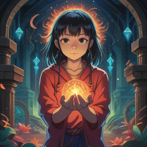 A serene scene of a person with beautiful hands, glowing symbols of spirituality emanating from their palms, vibrant energy radiating, surrounded by ethereal light, intricate patterns in the air, peaceful expression, harmonious atmosphere, nature backdrop with soft flowers and greenery, 4k