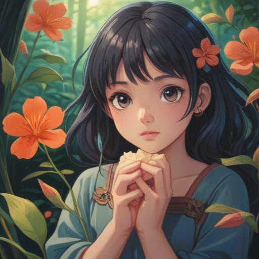 A serene and elegant illustration showcasing a pair of beautiful hands, gently cradling a blooming flower, soft focus, warm natural light illuminating the skin, delicate details highlighting the nails and knuckles, a tranquil setting with lush greenery in the background, representing mindfulness and care, 4k