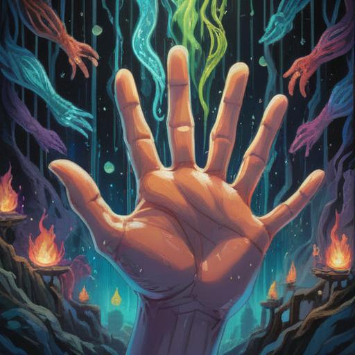 A mystical illustration depicting spiritual signs when hands are itchy, vibrant energy flows around the hands, symbols of intuition and awareness illuminated, serene nature backdrop with glowing elements, ethereal light glowing softly, intricate details in the scene, deep connection to spiritual awareness, calming atmosphere, 4k