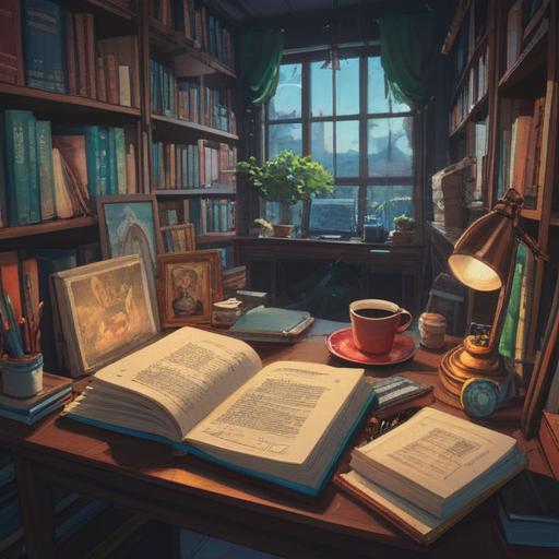 A collection of books neatly stacked on a desk, a notepad filled with organized notes, a cup of coffee steaming beside it, a warm light illuminating the workspace, a sense of tranquility and productivity, inviting atmosphere, 4k