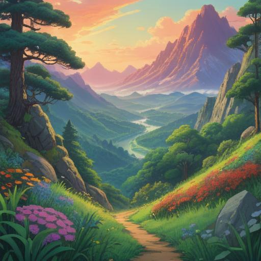 A vibrant landscape that symbolizes the spiritual essence of a captivating land, lush greenery, mystical mountains in the background, soft morning light illuminating the scene, an inviting path leading into the heart of nature, ethereal elements like floating orbs or spiritual symbols, harmonious atmosphere, sense of tranquility and connection with the earth, 4k