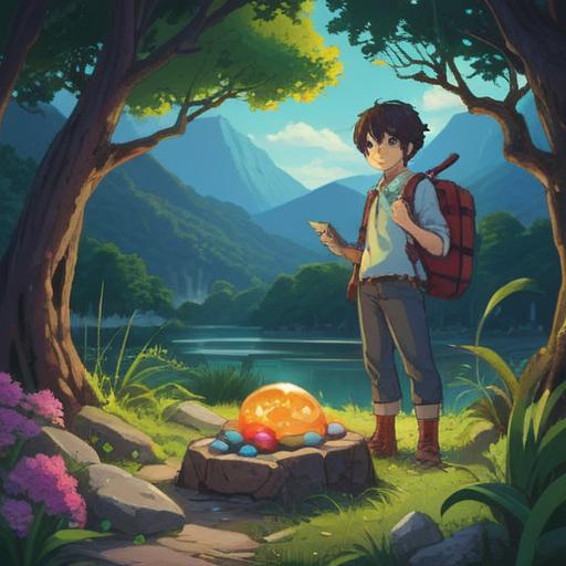 A serene landscape featuring a traveler holding a lucky stone, vibrant colors, lush greenery, mystical light illuminating the stone, symbolic representations of adventure and fortune, peaceful atmosphere, detailed scenery with distant mountains and a winding path, 4k