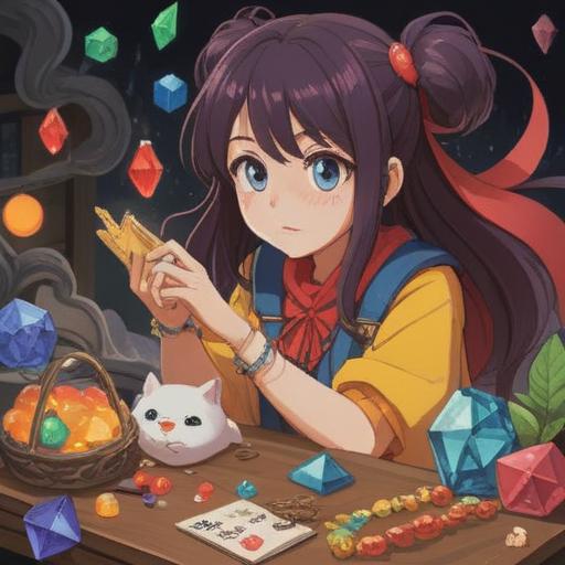 A charming scene depicting a lucky item that enhances a relationship with a beloved person, featuring a beautifully crafted charm bracelet adorned with colorful gemstones, set against a cozy café backdrop, warm sunlight filtering through the window, two cups of coffee on a table, an aura of happiness and connection, vibrant colors, inviting atmosphere, detailed expressions of joy on the characters' faces, 4k