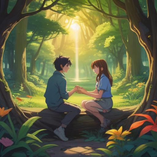A serene illustration of two friends sharing a heartfelt conversation, lush natural setting, warm sunlight filtering through trees, vibrant flora around them, expressions of understanding and support, gentle smiles, embodying emotional connection and nurturing relationships, 4k