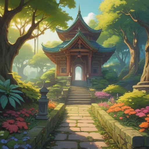 A serene landscape featuring a pathway leading to a tranquil temple, surrounded by lush greenery and blooming flowers, gentle rays of sunlight filtering through the trees, a sense of peace and spiritual connection, people meditating peacefully, soft colors, inviting atmosphere, 4k