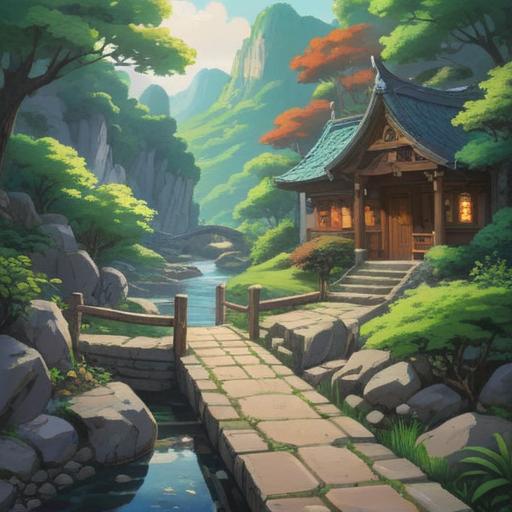 A serene landscape depicting a lucky spot after visiting an enchanting place, vibrant greenery, a peaceful river flowing through, a stone pathway leading to a hidden glade, sunlight filtering through the trees, butterflies fluttering around, a sense of tranquility and wonder, inviting atmosphere, nature's beauty, 4k