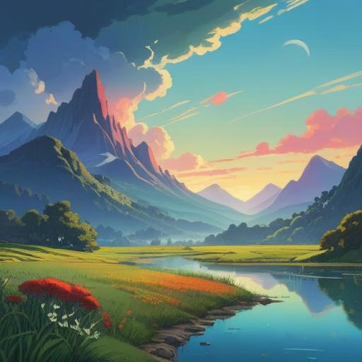 A captivating landscape of a mystical country, vibrant colors, lush greenery, mountains in the distance, serene lakes reflecting the sky, spiritual symbols subtly integrated in nature, peaceful atmosphere, inviting pathways leading to hidden temples, harmonious balance between nature and architecture, enchanting sunset, 4k
