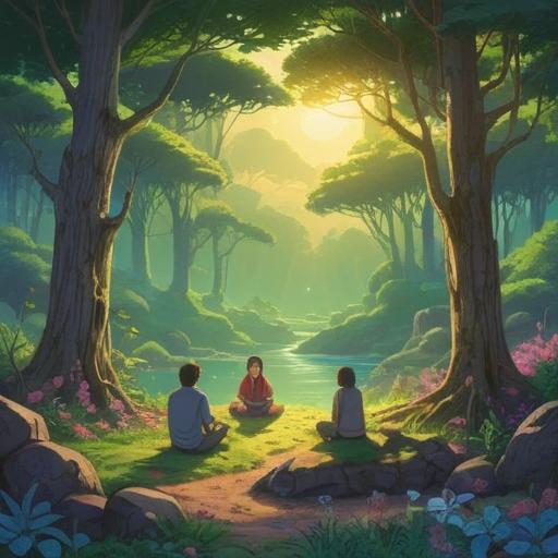 A captivating scene illustrating a spiritual gathering in a serene country landscape, vibrant nature surrounding a radiant light, people meditating and connecting with their environment, symbols of peace and harmony, an ethereal atmosphere, glowing energy emanating from the earth, colorful skies, 4k