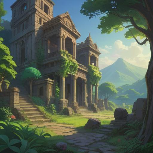 A serene landscape depicting spiritual signs in a captivating country, faint light glowing from symbols, lush greenery surrounding ancient ruins, enchanting wildlife in the foreground, ethereal aura highlighting paths, tranquil water reflecting the sky, spiritual journey themes, vibrant colors, mystical atmosphere, 4k