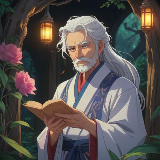A serene portrait of an elderly person with striking white hair, symbolizing wisdom and spiritual insight, gentle lighting highlighting the hair's radiance, surrounded by ethereal elements like soft wisps of mist, glowing orbs of light, serene expression reflecting inner peace, harmonious colors creating a tranquil atmosphere, deep connection to nature in the background, 4k