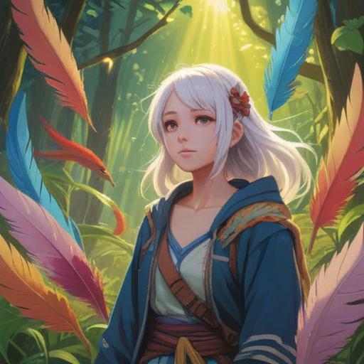 A serene and uplifting illustration, a person with white hair shining under soft sunlight, surrounded by nature, symbols of spirituality like feathers and light orbs, a peaceful smile conveying wisdom and positivity, surrounded by blooming flowers, vibrant greenery, harmonious emotions, dreamlike atmosphere, 4k