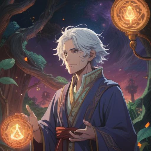 A mysterious scene depicting an elderly figure with young white hair, surrounded by ethereal light, symbols of spirituality appearing in the air, an aura of wisdom and intuition, a serene forest backdrop, subtle indications of spirituality like glowing orbs or ancient runes, twilight ambiance, inviting yet enigmatic atmosphere, 4k