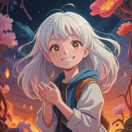 A vibrant and uplifting illustration of a person embracing their young white hair, smiling confidently, surrounded by positive affirmations, a sunny outdoor setting, blooming flowers symbolizing growth, bright colors, cheerful atmosphere, inspirational message, 4k