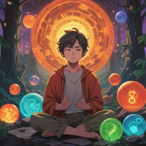 A vibrant and uplifting illustration of a young person meditating in a serene natural setting, surrounded by glowing energy orbs, symbols of spiritual growth floating in the air, a radiant aura emanating from the individual, lush greenery and colorful flowers in the background, soft sunlight filtering through the leaves, peaceful and harmonious atmosphere, a sense of connection with the universe, 4k