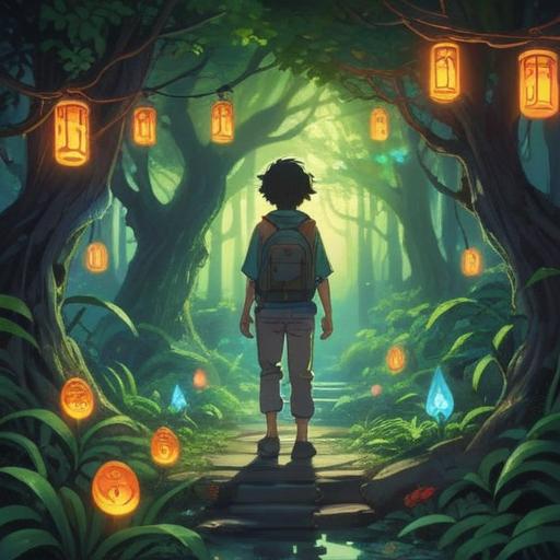 A vibrant scene depicting a young person radiating positive energy, surrounded by glowing symbols of spirituality, lush greenery in the background, serene facial expression, hands gesturing towards the sky, sunlight filtering through trees, evoking a sense of peace and enlightenment, hopeful atmosphere, 4k