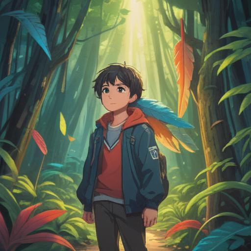 A vibrant illustration of a young person standing in a serene natural setting, ethereal glow surrounding them, symbolic signs like feathers and light orbs subtly appearing in the air, a sense of inner peace and awakening, deep connection with nature, intricate details in the surroundings, soft rays of sunlight filtering through trees, conveying hidden spiritual messages, 4k