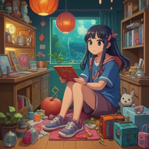 A vibrant and lively illustration of a young person surrounded by their favorite lucky items, colorful trinkets and charms, a cheerful and optimistic atmosphere, bright sunlight illuminating the scene, playful expressions, personalized accessories, a sense of joy and positivity, 4k