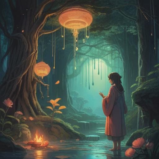 A thoughtful scene depicting a person symbolically releasing their debts, serene atmosphere, gentle light illuminating the figure, surrounded by ethereal representations of hope and spirituality, soft aura of positive energy, blossoms in the background representing growth and renewal, reflection on the journey towards financial freedom, 4k