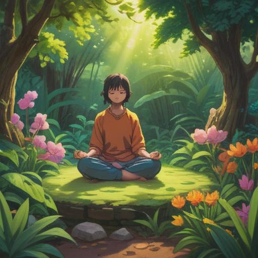 A serene scene depicting a person meditating in a tranquil garden, vibrant flowers surrounding them, soft glow of sunlight filtering through leaves, a gentle breeze causing ripples in the nearby pond, ethereal symbols appearing in the air to represent spiritual signs, a sudden shadow cast by an unseen presence, conveying a sense of caution and awareness, harmonious colors, tranquil atmosphere, 4k