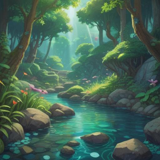 A serene illustration depicting healing stones arranged in a harmonious pattern, soft natural lighting, lush green surroundings, gentle flowing water in the background, a sense of tranquility, various types of stones like amethyst and quartz, calming atmosphere, reflective surfaces, nature-inspired details, 4k