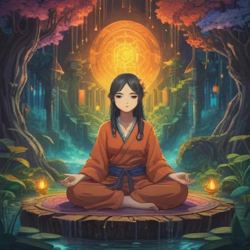 A spiritual illustration depicting an individual in meditation, surrounded by ethereal light, symbolic interruptions represented by gentle spirits, a sense of tranquility amidst chaos, nature elements intertwined, vivid colors, serene facial expression, intricate details, representing guidance and growth, 4k