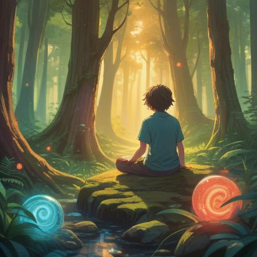 A serene forest scene, soft sunlight filtering through the trees, a calm figure meditating, surrounded by swirling energy orbs, subtle signs of nature indicating disturbance, gentle breeze rustling leaves, ethereal glow around the character, rich colors, peaceful atmosphere, 4k