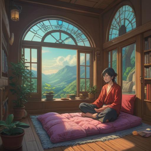 A peaceful scene depicting a serene meditation space, soft natural light filtering through large windows, an individual sitting cross-legged on a cushion, surrounded by plants and calming decor, journal and pen nearby, representing clarity of mind and focus, soothing atmosphere, inviting energy, harmonious balance, 4k