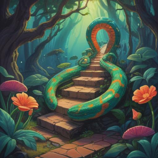 A spiritual illustration depicting stepping on a snake, symbols of transformation and rebirth, vibrant colors, contrasting light and shadow, serene natural landscape, ethereal atmosphere, mystical elements, intricate details, thought-provoking imagery, 4k